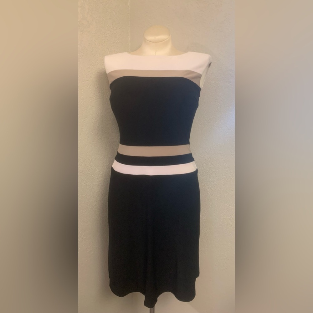 Lauren Ralph Lauren Ladies 4 Neutral Color Block Dress Black Tan Cream Stripe